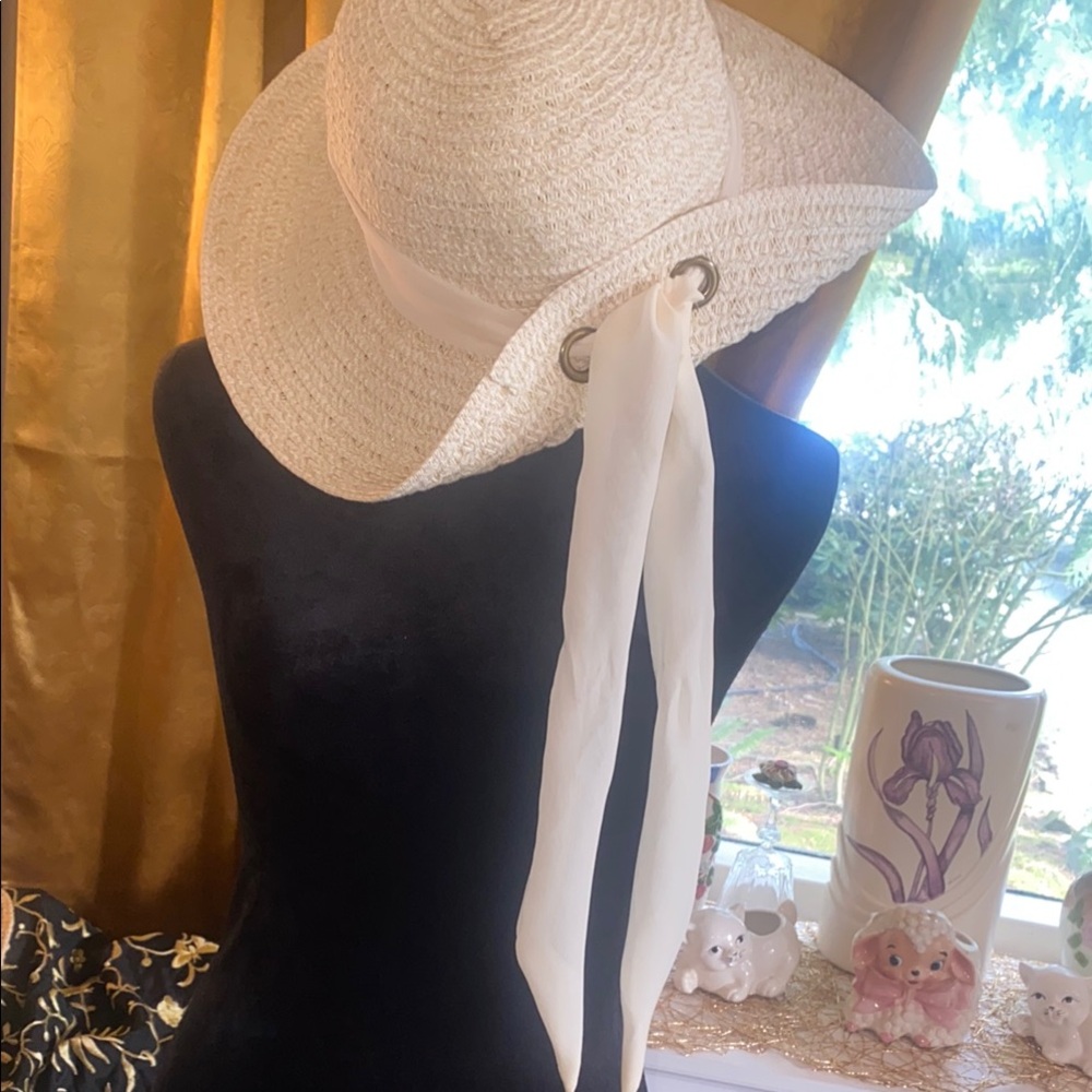 *Nine West- Elegant Cream Wide-Brimmed Hat - grommet & scarf detail